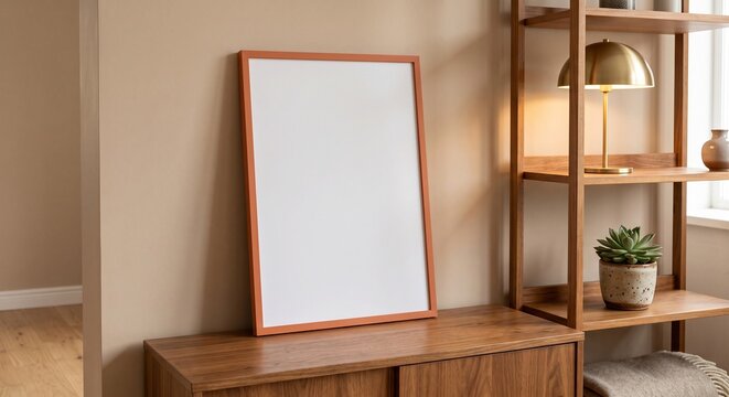 Vertical poster in terracotta frame on mid-century credenza with lamp and succulent in beige interior.