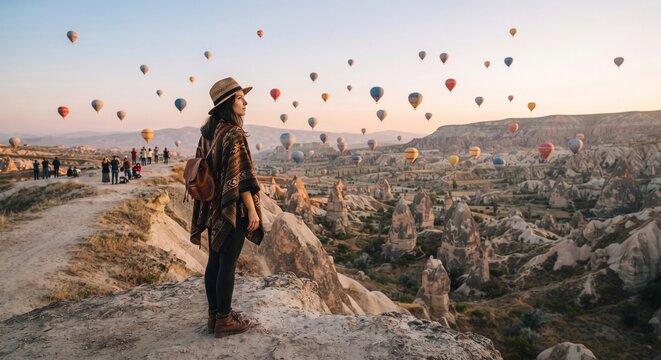 Solo female traveler in a straw hat and poncho views colorful hot air balloons rising over a scenic valley at sunrise from a sandstone ridge.