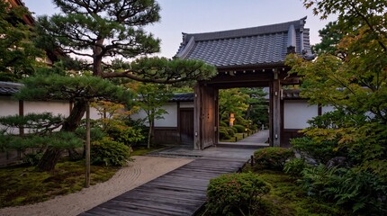 Obraz premium Traditional Japanese temple gate and wooden walkway in a serene moss garden with sculpted pine trees, tiled roof, and soft evening light at dusk