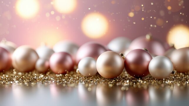 Soft focus image of assorted pink, gold, and white decorative festive balls on sparkling golden glitter with warm glowing lights in the background