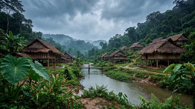 Remote tropical rainforest village with thatched stilt houses along a river under dramatic storm clouds and misty jungle mountains in lush green valley
