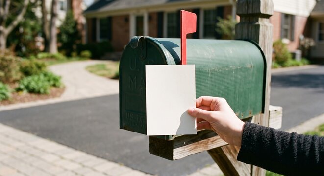 Hand holding a blank off-white postcard in bright sunlight before a vintage green mailbox with a raised red flag.