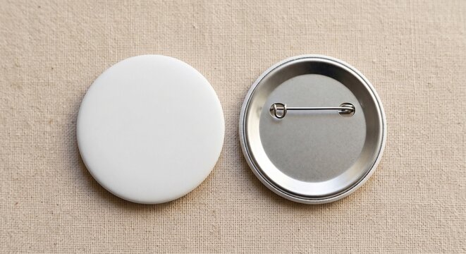 Top-down view of blank round pinback buttons showing front and back sides on a neutral beige surface.