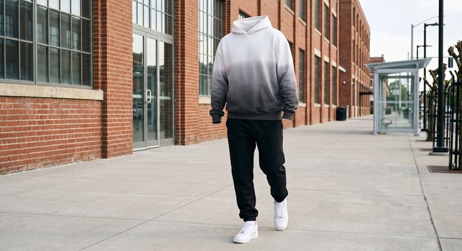 Blank gradient hoodie and black jogger sweatpants mockup on an invisible mannequin walking along an urban sidewalk by a brick wall.