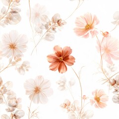 Fototapeta premium Delicate soft pastel floral pattern with translucent petals and gentle stems creating an elegant and airy botanical background design