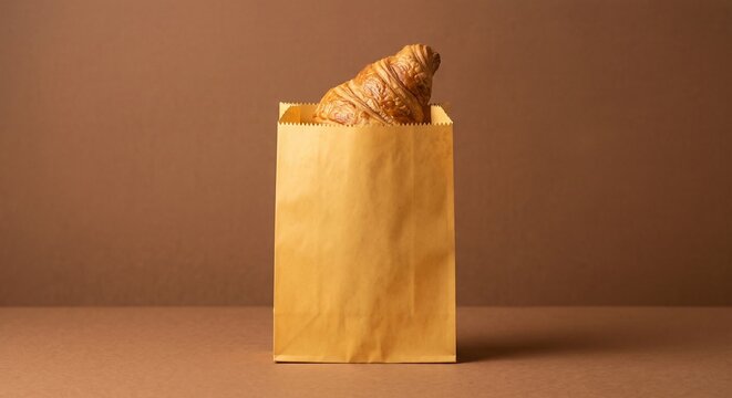 Standing blank paper bakery bag with a golden croissant inside against a warm brown studio background. Clean packaging template mockup.