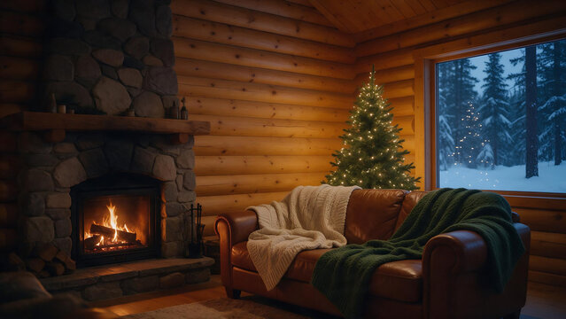 Cozy winter cabin interior with fireplace and snowy forest view