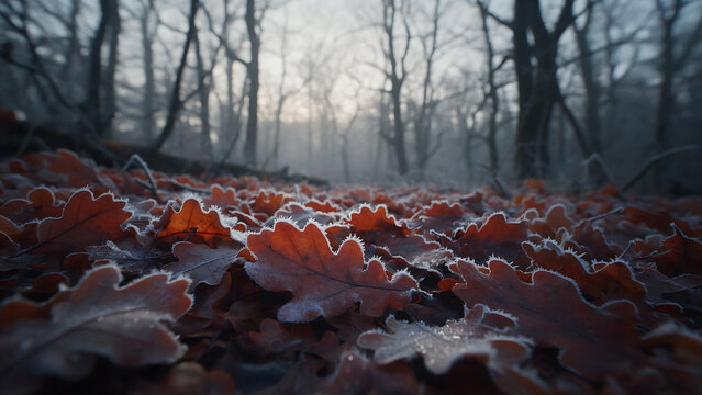 Frost-covered oak leaves on a misty November morning