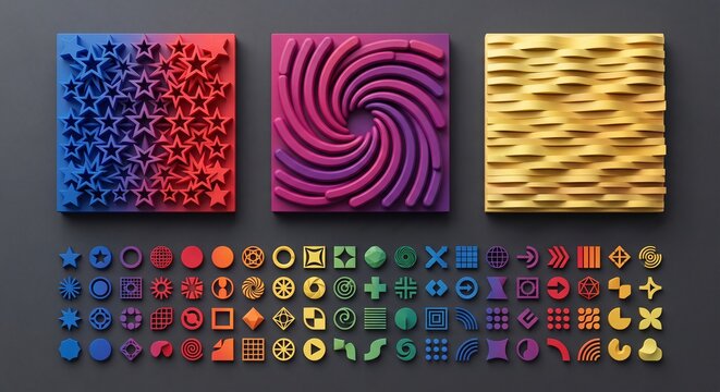 Top-down mockup of colorful 3D geometric design blocks and a grid of miniature relief emblems on a matte charcoal surface under studio lighting.