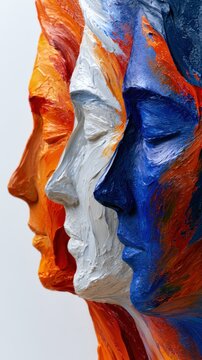 Three textured profiles of human faces painted in vibrant orange, white, and blue shades arranged side by side against a plain background