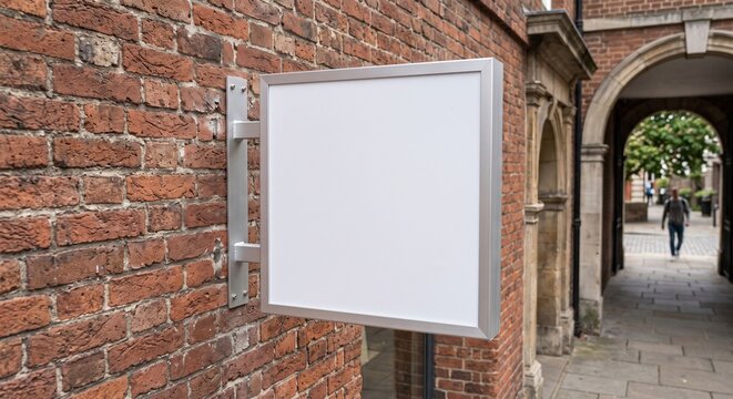 Blank square outdoor lightbox sign mounted on a red brick wall mockup for shop logo branding and advertising design display.