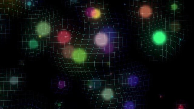 Abstract Digital Wireframe Grid Warping Over Colorful Glowing Bokeh Lights In Dark Space, Futuristic Technology Background Representing Spacetime Distortion, Cybernetic Data Visualization, And Scienti