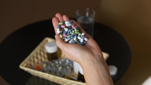Handful of pills representing overdose or suicide attempt. Close-up view of a hand holding a large quantity of colorful pills, symbolizing overdose, medication abuse, or a suicide attempt