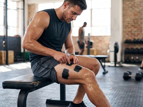 Athlete applying wireless electrical muscle stimulation pads on leg quad