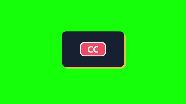 Animated closed captions CC button on green screen plus black and white keying versions. Dark rounded rectangle with red badge for subtitle toggles, accessibility settings, and player interfaces.