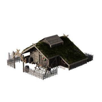Isometric view of a traditional Viking wooden longhouse with a grass roof.