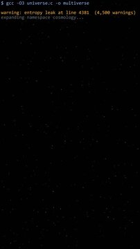 Vertical terminal screen compiles universe.c into multiverse with growing entropy leak warnings over starfield. Coding humor meets cosmology, formatted for social media stories and reels.
