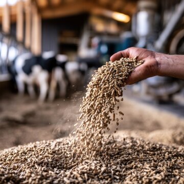 Farmer holding and pouring dry pellet feed with blurred dairy cows in background inside a barn or stable on a livestock farm