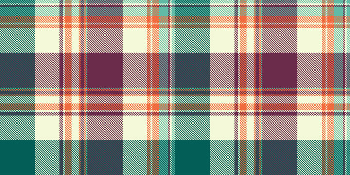 Minimalist tartan plaid design with a classic woven appearance and beige and teal tones. The seamless pattern recreates the look of woven fabric and works well as a decorative surface background.