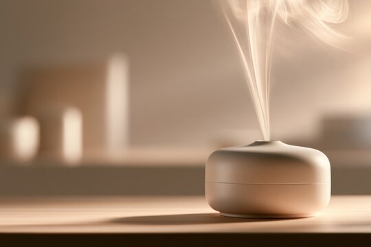 Minimalist modern essential oil diffuser releasing calming aromatic mist on wooden surface in soft natural light with cozy neutral background ambiance