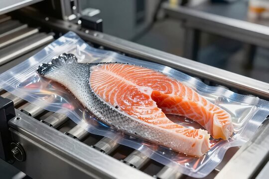 Industrial vacuum packaging of raw salmon on stainless steel conveyor belts ensures food preservation and sterile supply chain standards, linear metal rollers reflect cold factory illumination while transparent polymer film establishes an impermeable protective barrier against atmospheric oxidation, vivid orange muscle tissue with delicate lipid striations contrasts the mechanical sterility of automated sorting equipment, this hygienic manufacturing workflow highlights technological intervention within aquatic resource management, perishable maritime catches transform into uniform consumer goods ready for international distribution networks, modified atmosphere enclosure techniques embody the tension between natural marine harvests and synthetic containment materials, silver scales beneath synthetic wraps illustrate how wild nature enters industrialized commerce, precision engineering optimizes efficiency across high speed assembly lines, commercial food packing operations satisfy mass market retail demands while maintaining rigorous sanitation protocols, AI-generated, AI generated