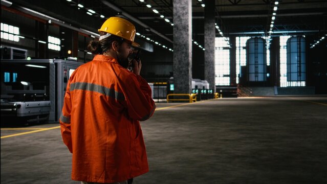 Mechanical engineer operates a two-way radio in a factory while monitoring heavy equipment and using walkie-talkie communication across the plant.