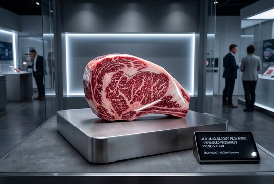 Nanotechnology meat preservation in futuristic food science research exhibition, highly marbled raw beef cut encased in protective barrier film, brushed stainless steel pedestal serving as modern display plinth inside illuminated corporate showroom, digital information tablet detailing molecular coating technology, blurred business visitors in suits assessing industrial processing breakthroughs in background glass pavilions, cold light framing highlights artificial museum atmosphere, technological intervention transforming perishable organic commodity into sanitized display artifact, clean geometric lines conveying strict sterility and bioengineering control, commercial meat processing converging with advanced materials science, AI-generated, AI generated