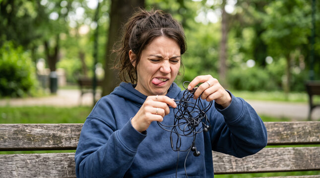 Frustrated young woman trying to untangle wired earphones on park bench