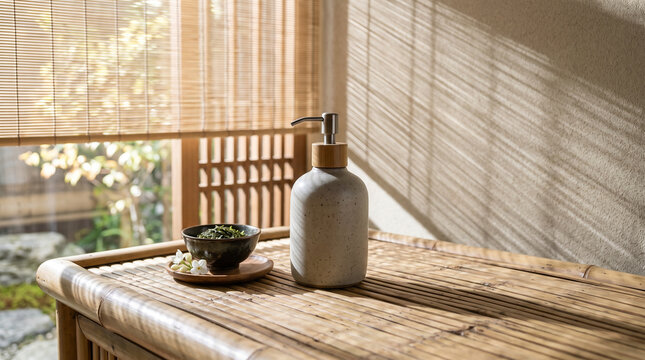 Speckled ceramic soap dispenser and bowl on bamboo table with natural sunlight shadows