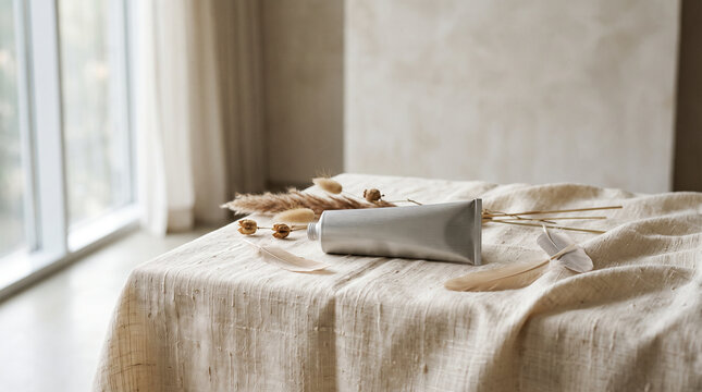 Silver cosmetic tube on beige linen fabric with dried plants and natural light