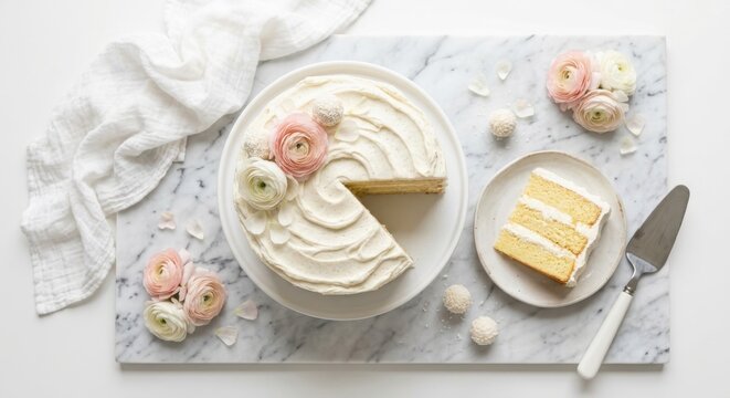 Top view of an elegant white vanilla layer cake decorated with fresh pink ranunculus flowers and coconut truffles, served on a marble board with a slice on a ceramic plate for a celebration.