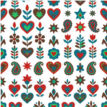 Folk art pattern with hearts, flowers, and paisley motifs