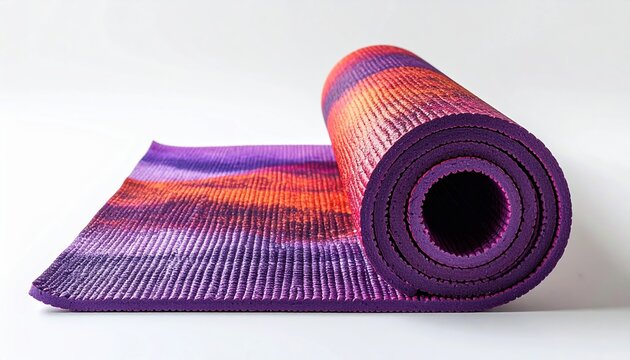 commercial rolled yoga mat on white background, ecommerce style