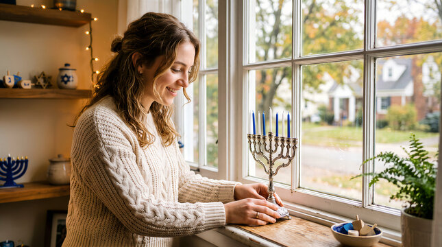 Happy woman in knitted sweater arranges silver menorah with blue and white candles on a wooden windowsill during Hanukkah. Chanukah Jewish celebration concept with copy space.