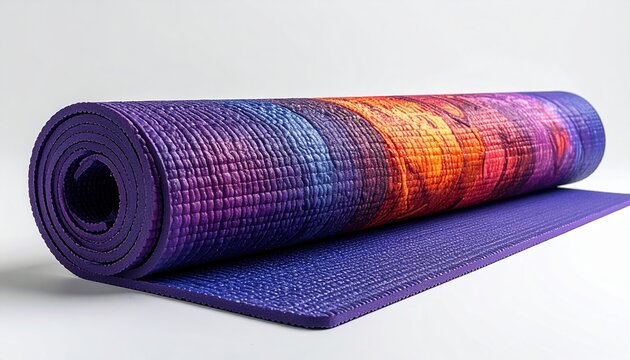 professional rolled yoga mat on white background, ecommerce style