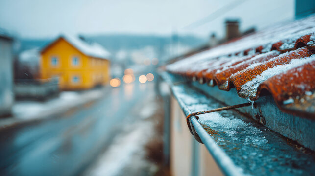Snow covered roof edge overhangs metal rain gutter in winter, with ice and slush collected inside. Rust colored tiles and dripping icicle frame softly blurred village street, while meltwater drips.