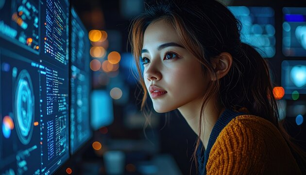 Cybersecurity analyst monitoring network activity, dark office, digital security concept