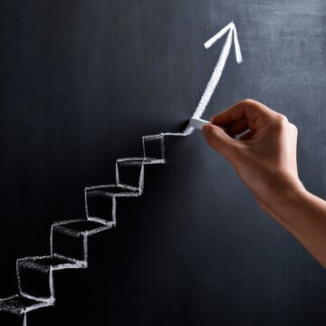 Hand drawing an upward arrow and staircase on black chalkboard symbolizing progress, growth, and success in business or personal development journey