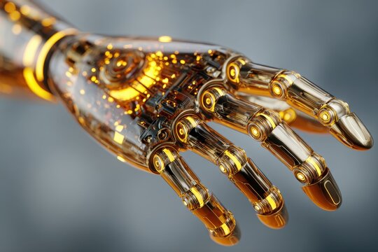 Transparent robotic hand with intricate golden mechanical components and glowing joints representing advanced futuristic technology and artificial intelligence innov