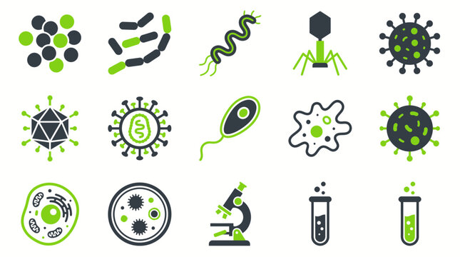 Bacteria virus icon set. Shapes show bacilli spirillum amoeba phage. Lab tools show microscope test tube dish. Clean green black flat graphic style. Scientific medical research biology concept.