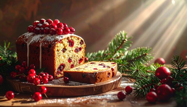 Holiday fruitcake with cranberries and pine branches, warm natural lighting