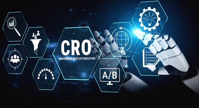 Robotic Hand Interacting with Digital Icons Representing Conversion Rate Optimization and A B Testing in a Futuristic Environment. Glyphic.