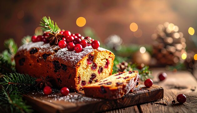 Holiday fruitcake with cranberries and pine branches, warm natural lighting