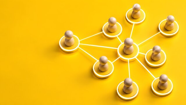 Wooden figures linked by glowing lines on a bright yellow surface. Concept of agentic operations through human oversight and delegation.