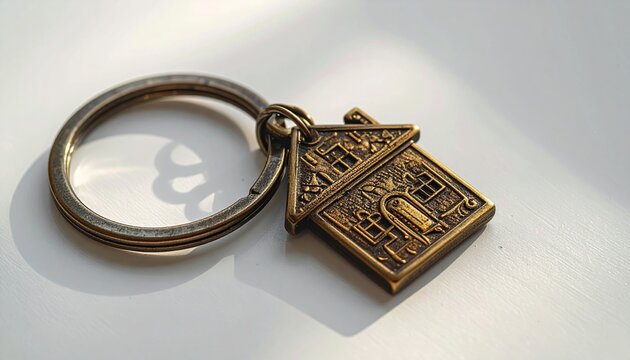 house key ring top view on white background, soft natural lighting