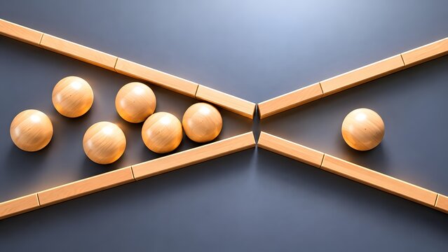 Wooden spheres congested at a narrow funnel passage on a grey surface. Concept of workflow bottleneck analysis and capacity optimization.