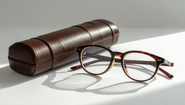 elegant eyeglasses beside case on white background, soft shadow