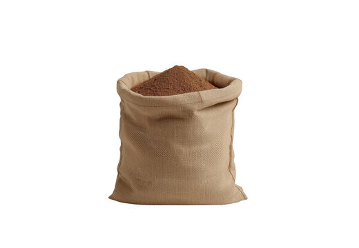Jute bag full of brown powder on transparent background