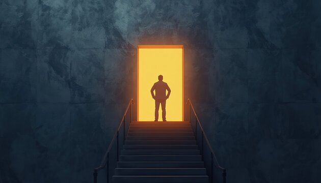 Man standing at the top of a staircase gazing toward an unreachable glowing door, symbolizing elusive career goals, professional ambition, and future vision, 3D render.