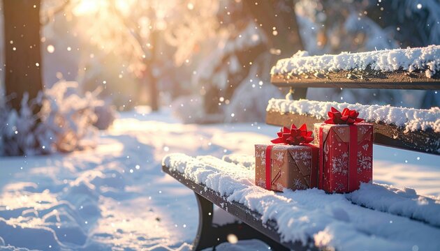 Christmas gift boxes on snowy outdoor bench, soft winter daylight, seasonal concept
